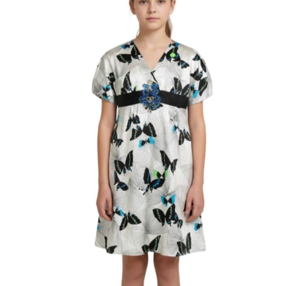 Single Girls Butterfly Print Dress Girls M White Black Blue Beaded Empire Waist